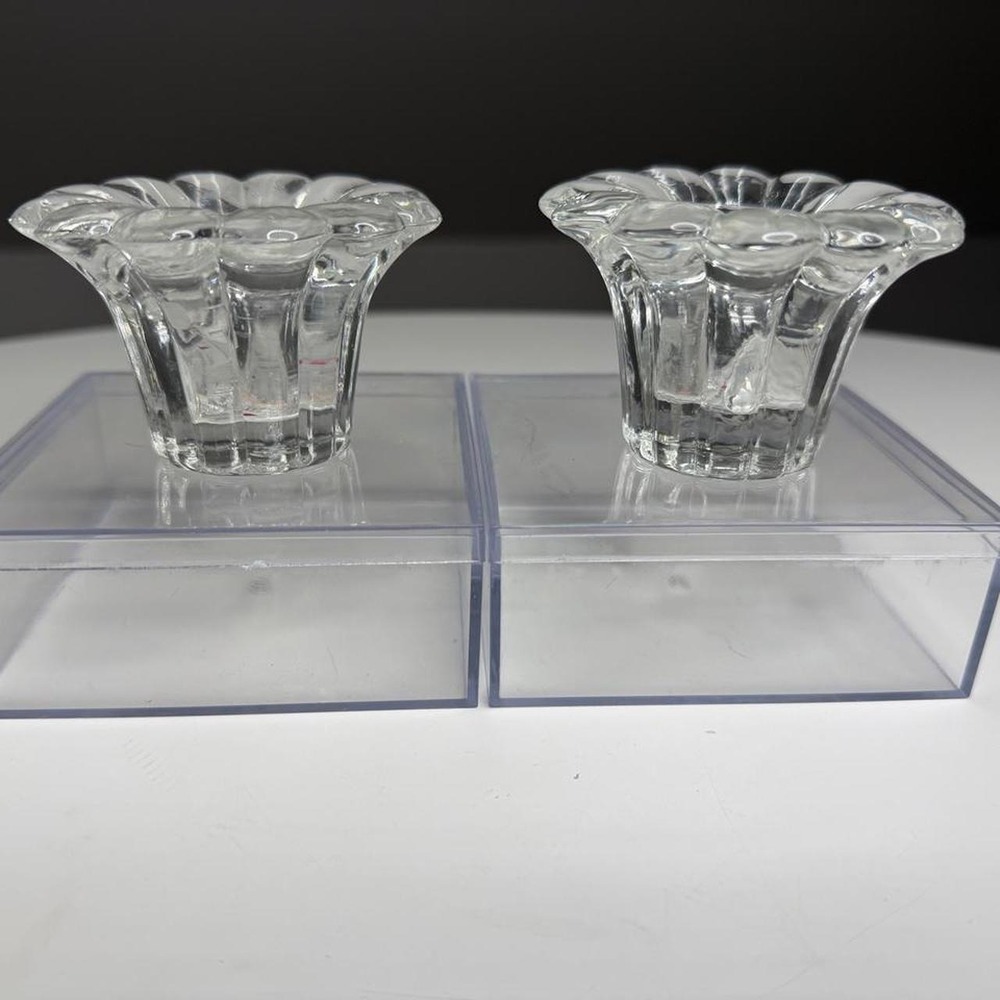 Vintage Clear Glass Flower Candle Holders – Set of 2 Daisy Floral Scalloped